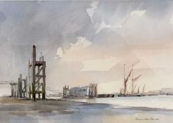 DENNIS JOHN HANCERI RSMA (1928-2011) watercolour - titled 'Low Water, Wapping', signed, 26.5 x