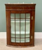 VICTORIAN MAHOGANY BOW FRONT WALL HANGING CORNER CUPBOARD, single multi pane glazed door, painted