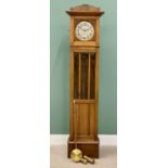 VINTAGE OAK LONGCASE CLOCK circa 1930, with silvered dial set with Arabic numerals, before a twin