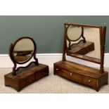 TWO EDWARDIAN MAHOGANY SWING-TOP DRESSING TABLE TOILET MIRRORS, both with base drawers, 60H, 55cms