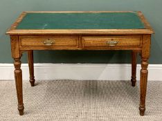 VINTAGE OAK TWO-DRAWER WRITING TABLE with green rexine insert to the top on reeded and turned