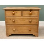 VICTORIAN STRIPPED PINE CHEST OF TWO SHORT OVER TWO LONG DRAWERS, turned wooden knobs on corner