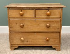 VICTORIAN STRIPPED PINE CHEST OF TWO SHORT OVER TWO LONG DRAWERS, turned wooden knobs on corner