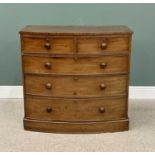 VICTORIAN MAHOGANY BOWFRONT CHEST having two short over three long drawers with turned wooden