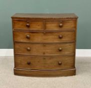VICTORIAN MAHOGANY BOWFRONT CHEST having two short over three long drawers with turned wooden
