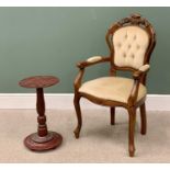 OFFERED WITH LOT 32 - FRENCH-STYLE UPHOLSTERED ARMCHAIR with carved crest rail, 104cms H, 60cms W,