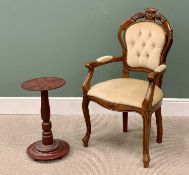 OFFERED WITH LOT 32 - FRENCH-STYLE UPHOLSTERED ARMCHAIR with carved crest rail, 104cms H, 60cms W,