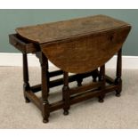 19TH CENTURY OAK GATELEG TABLE circa 1840, with single end drawer, on turned and block supports,