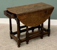19TH CENTURY OAK GATELEG TABLE circa 1840, with single end drawer, on turned and block supports,