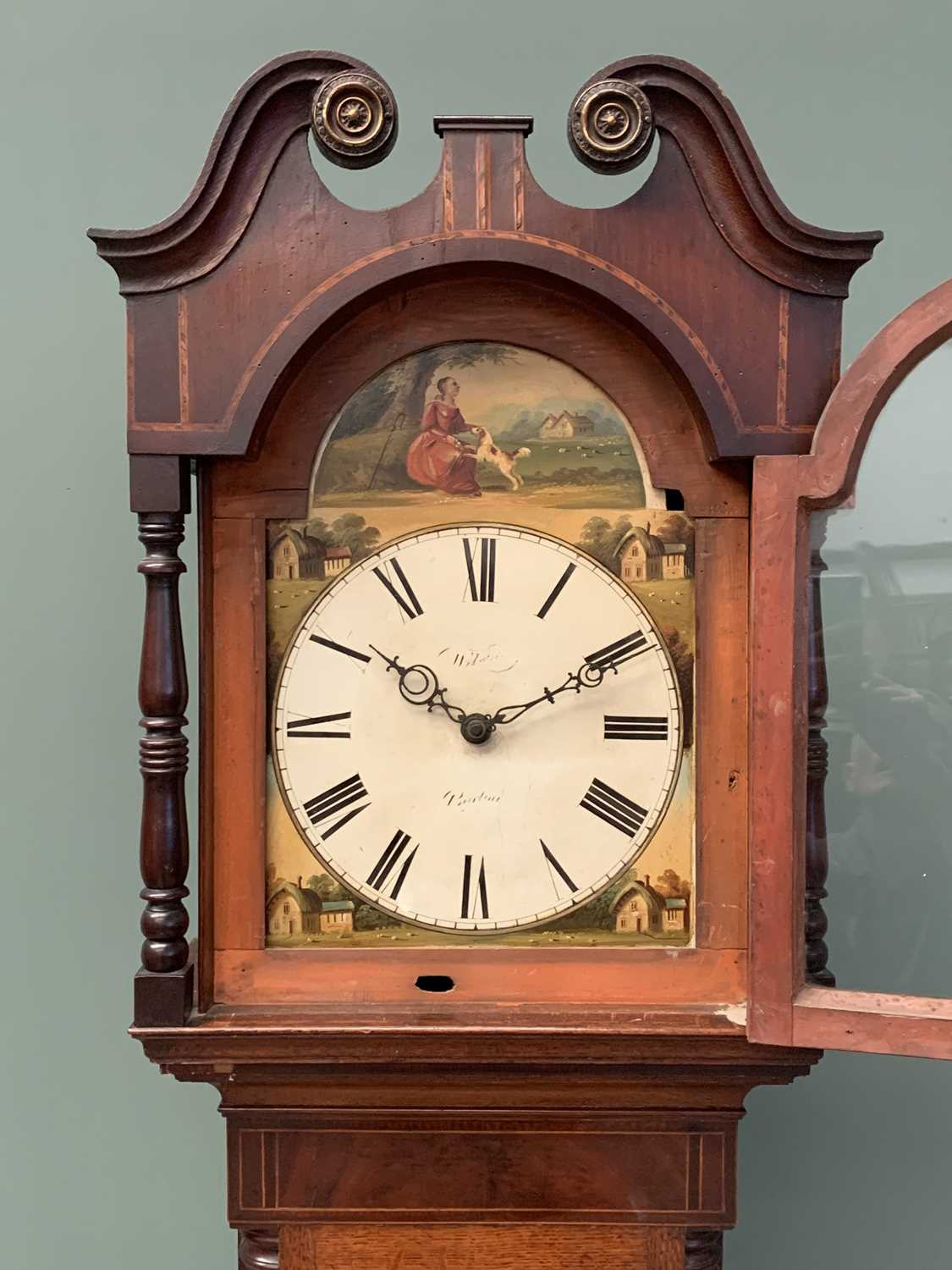 WILSON BARTON PAINTED ARCHED DIAL LONGCASE CLOCK before a single weight pendulum driven bell - Image 2 of 6