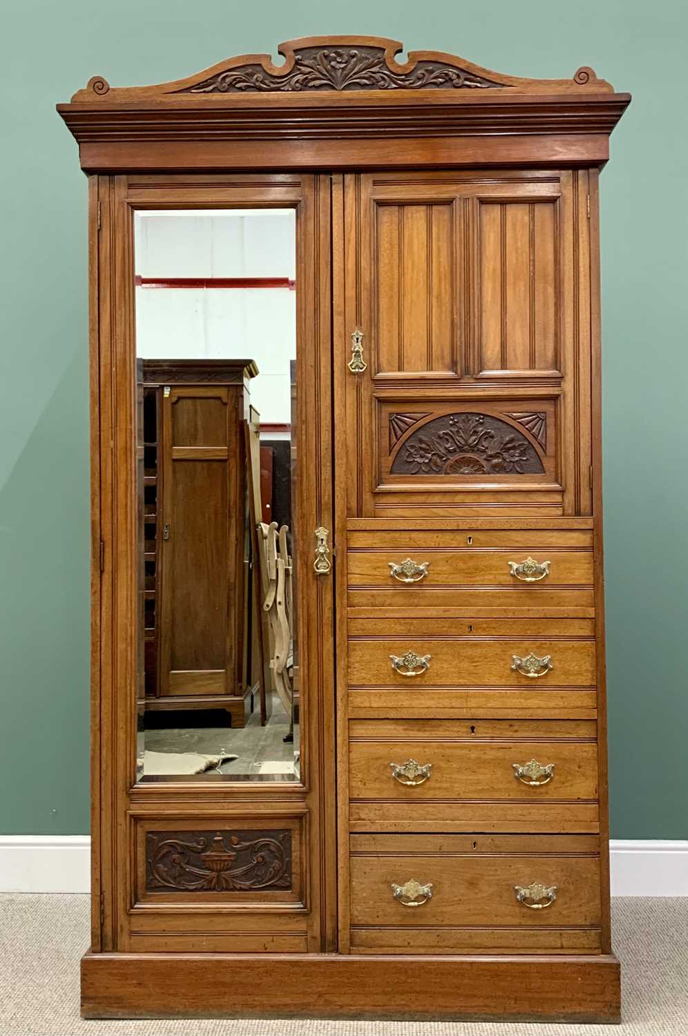 EDWARDIAN MAHOGANY WARDROBE & WALNUT SINGLE BED comprising combination full-mirror wardrobe, 22cms - Image 2 of 7