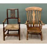 TWO ANTIQUE COUNTRY ARMCHAIRS comprising a solid seat Windsor style chair, 99cms H, 64cms W, 43cms