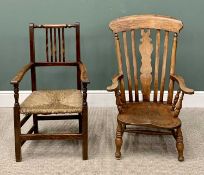 TWO ANTIQUE COUNTRY ARMCHAIRS comprising a solid seat Windsor style chair, 99cms H, 64cms W, 43cms