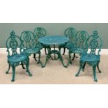 GARDEN FURNITURE - ANTIQUE STYLE GREEN PAINTED METAL, comprising circular table and a set of six