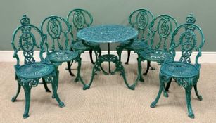 GARDEN FURNITURE - ANTIQUE STYLE GREEN PAINTED METAL, comprising circular table and a set of six