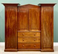 VICTORIAN MAHOGANY COMBINATION TRIPLE WARDROBE with the central section having steeple pediment over