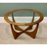 G-PLAN RED LABEL MID-CENTURY GLASS TOP COFFEE TABLE, 46cms H, 84cms Diameter top