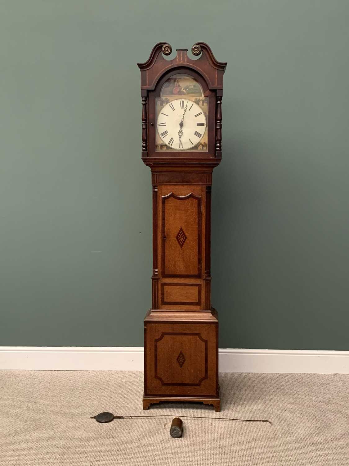 WILSON BARTON PAINTED ARCHED DIAL LONGCASE CLOCK before a single weight pendulum driven bell