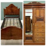 EDWARDIAN MAHOGANY WARDROBE & WALNUT SINGLE BED comprising combination full-mirror wardrobe, 22cms
