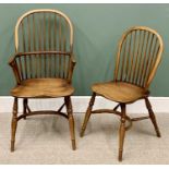 TWO WINDSOR CRINOLINE STRETCHER HOOP BACK CHAIRS comprising an elm elbow chair, 104cms H, 53cms W,