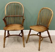 TWO WINDSOR CRINOLINE STRETCHER HOOP BACK CHAIRS comprising an elm elbow chair, 104cms H, 53cms W,