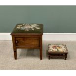 TWO ANTIQUE TAPESTRY TOP STOOLS with the larger square top stool having a cupboard base, 50cms H,