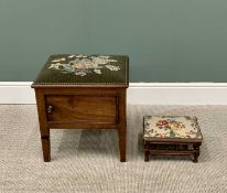 TWO ANTIQUE TAPESTRY TOP STOOLS with the larger square top stool having a cupboard base, 50cms H,