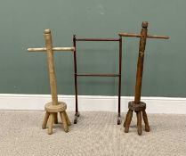 TWO VINTAGE TREEN WASH DOLLIES together with a mahogany towel rail