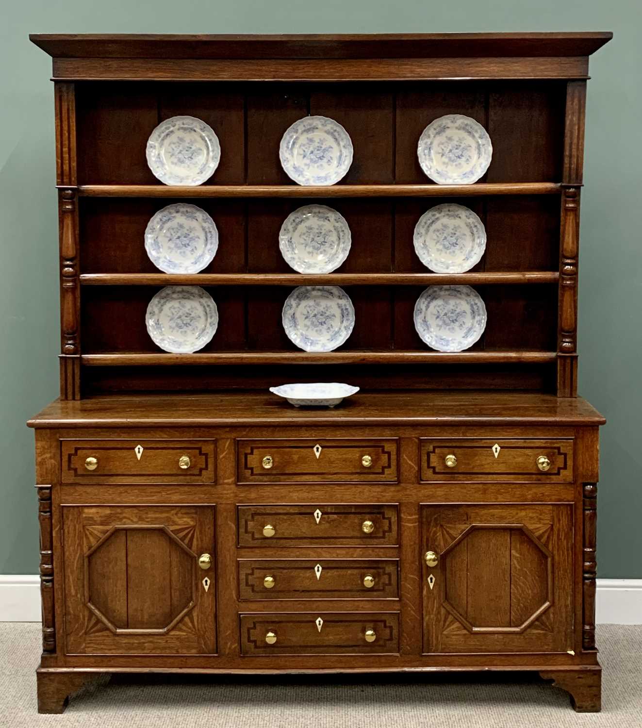 OAK NORTH WALES DRESSER - CIRCA 1860, well presented patina with blue and white dresser plates to