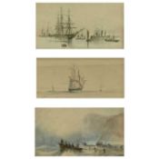 BRITISH MARINE SCHOOL three watercolours - early 20th Century, including 2 x ships at sea, 18.5 x