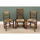 THREE ANTIQUE RUSH SEATED CHAIRS comprising rocking armchair & a near pair with ball detail to the