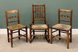 THREE ANTIQUE RUSH SEATED CHAIRS comprising rocking armchair & a near pair with ball detail to the