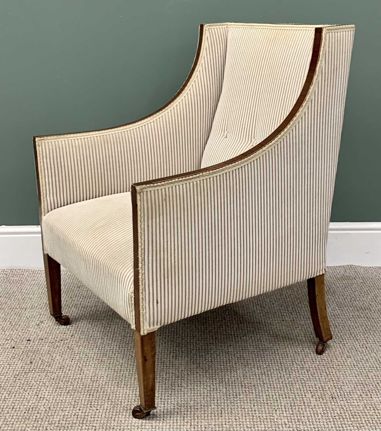 REGENCY-STYLE EDWARDIAN UPHOLSTERED EASY CHAIR in button back striped upholstery, on tapered front - Image 2 of 3