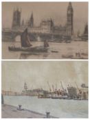 HENRY G WALKER antique engraving - barges on the Thames, Big Ben to the background, signed in