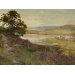 GEORGE COCKRAM (1861-1950) watercolour - view over estuary with village and cattle in background,