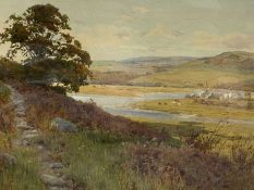 GEORGE COCKRAM (1861-1950) watercolour - view over estuary with village and cattle in background,