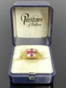 18CT GOLD DIAMOND & RUBY ST. GEORGE'S CROSS DESIGN RING, date marked Birmingham 1975, the square