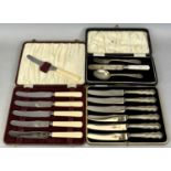 CASED CUTLERY GROUP, to include a hallmarked silver spoon and fork set with non-matching mother-of-