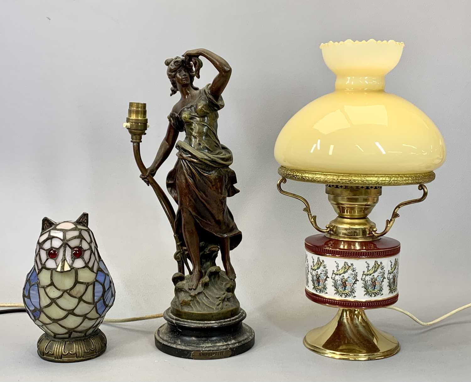 SPELTER FIGURAL TABLE LAMP MODELLED AS FEMALE, 42cms H, oval copper kettle with opaque glass handle, - Image 2 of 3