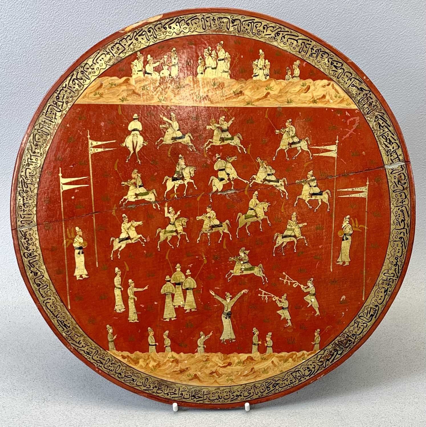 NORTH INDIAN / KASHMIR PAPIER MACHE CIRCULAR PLAQUES, A PAIR, decorated with polo players on red - Image 3 of 4