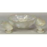SABINO OPALESCENT ART GLASS BOWL, moulded with fan tail goldfish, 4cms H, 12cms diam., and two