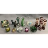 COLOURED GLASS ASSORTMENT, to include Caithness and Millefiori paperweights, other art pieces ETC