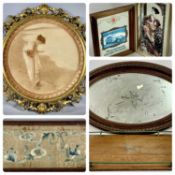 UNKNOWN circular colour print - of Classical female in an ornate giltwood frame, carved with