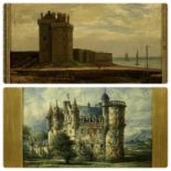 EUROPEAN SCHOOL watercolour - large castle, signed lower left, 18 x 25cms and an oil on canvas of