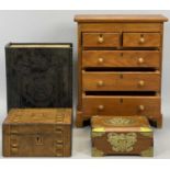 PINE APPRENTICE CHEST, two short, three graduated long drawers with turned knob handles, 34cms H,