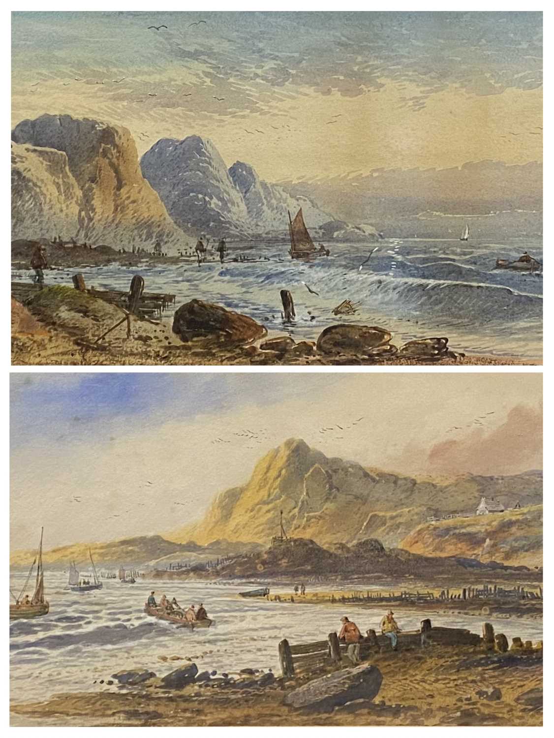 L LEWIS (British 1826-1913) watercolours, a pair - South Coast rocky shorelines with boats and - Image 2 of 7