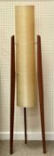RETRO 'ROCKET' FREESTANDING LAMP with three teak legs, and spun fibreglass shade, 113cms H