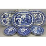 BLUE & WHITE TRANSFER DECORATED WILLOW PATTERN OVAL MEAT PLATES (3), 19th Century, 35.5 x 45cms,