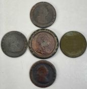 GEORGIAN CARTWHEEL TWO PENCE COIN together with four Georgian cartwheel pennies