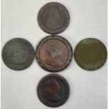 GEORGIAN CARTWHEEL TWO PENCE COIN together with four Georgian cartwheel pennies